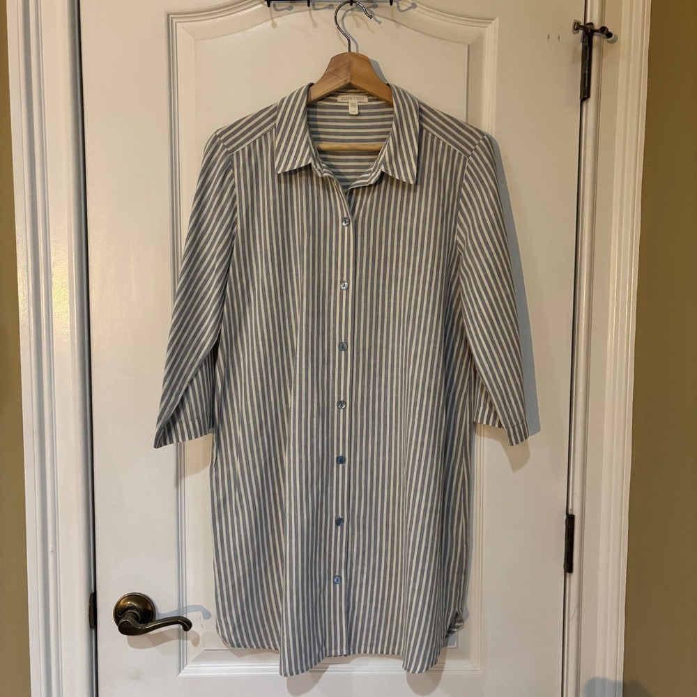 Eileen Fisher Shirt Dress Tunic Blue Stripe Hemp Organic Cotton Lagenlook  Small